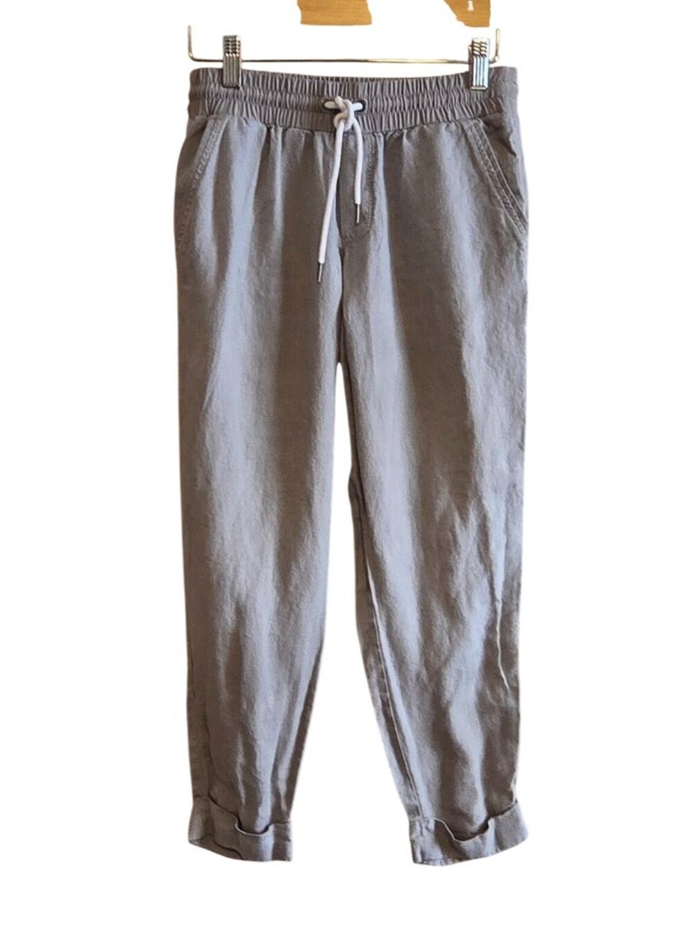 Gray Linen Elastic Waist Jogger Pants Drawstring Pockets Casual